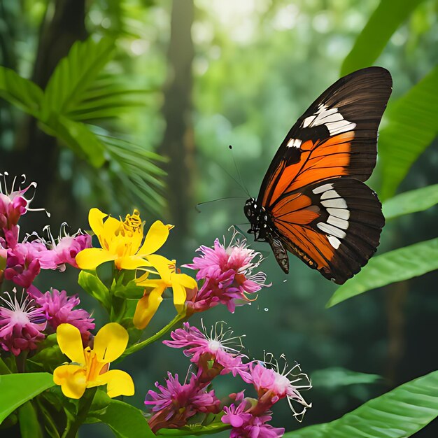 una farfalla è su un fiore nella foresta