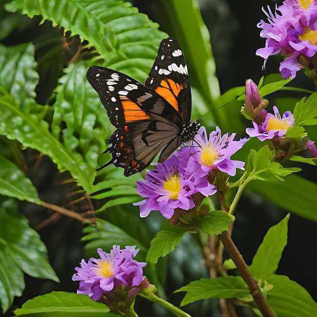 Una farfalla è su un fiore viola con una farfalla su di esso