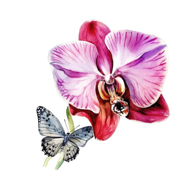 Una farfalla e un fiore di orchidea con sopra una farfalla.