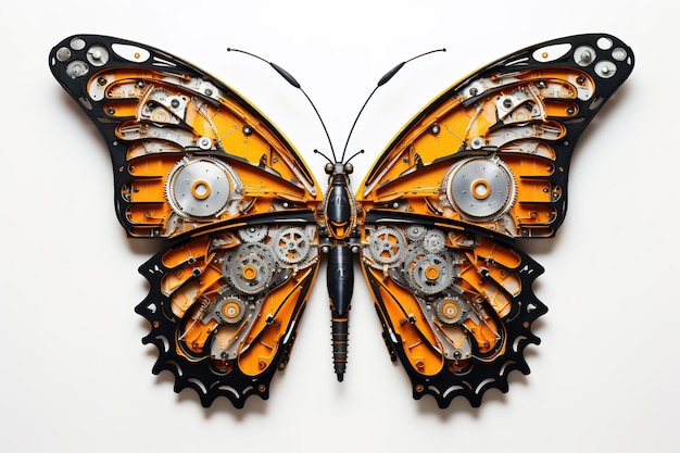 Una farfalla fatta di macchinari elettronici su uno sfondo bianco Illustrazione di insetti AI generativa