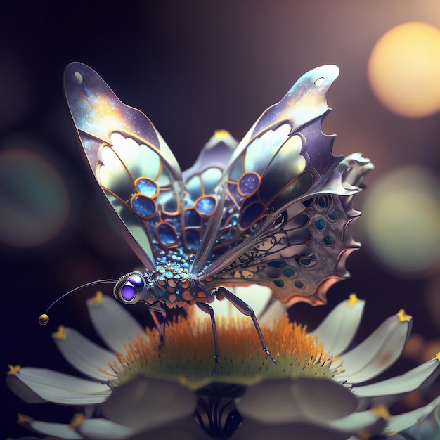 una farfalla futuristica seduta sopra un fiore IA generativa