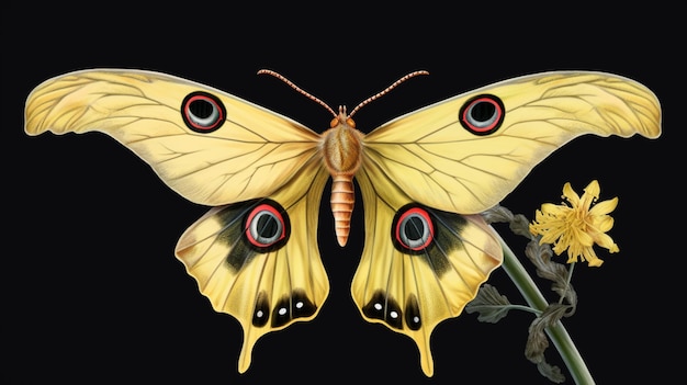 Una farfalla gialla con uno sfondo nero e una farfalla gialla sulle ali.