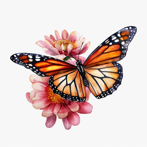 Una farfalla monarca è su un fiore con uno sfondo bianco.