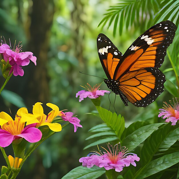 una farfalla monarca è su un fiore nel bosco