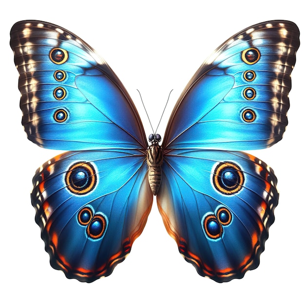 Una farfalla morfo blu su uno sfondo bianco isolato