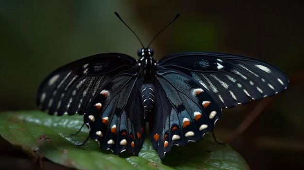 Una farfalla nera con punti arancioni si siede su una foglia verde.