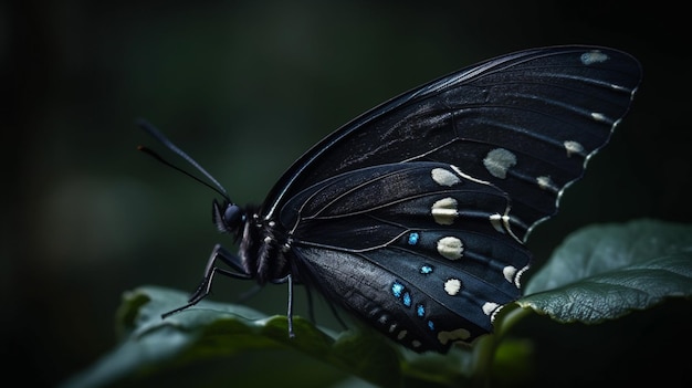 Una farfalla nera con punti blu si siede su una foglia.