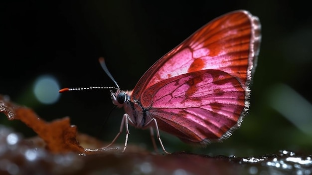 Una farfalla rosa con un'ala rossa e uno sfondo nero