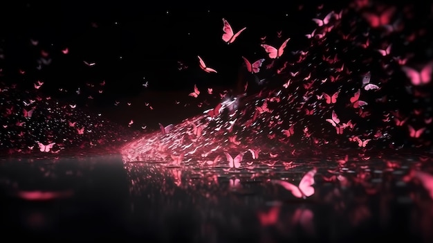 Una farfalla rosa sta volando su uno sfondo scuro con farfalle rosa che volano intorno.