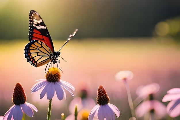 Una farfalla si posa su un fiore al sole.