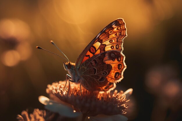 Una farfalla si siede su un fiore alla luce del sole.