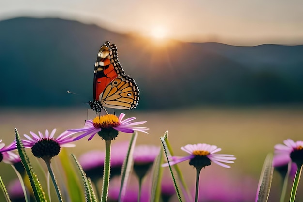 Una farfalla si siede su un fiore davanti a un tramonto.