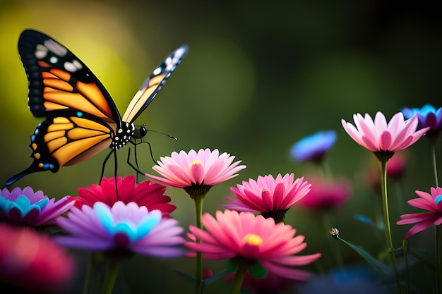 una farfalla si siede su un fiore di fronte a una farfalla.