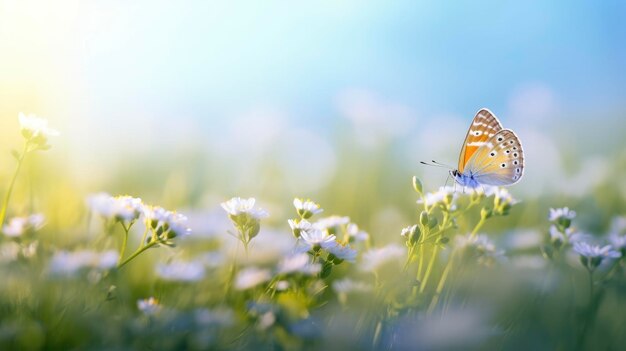 Una farfalla si siede su un fiore in un campo di fiori bianchi.