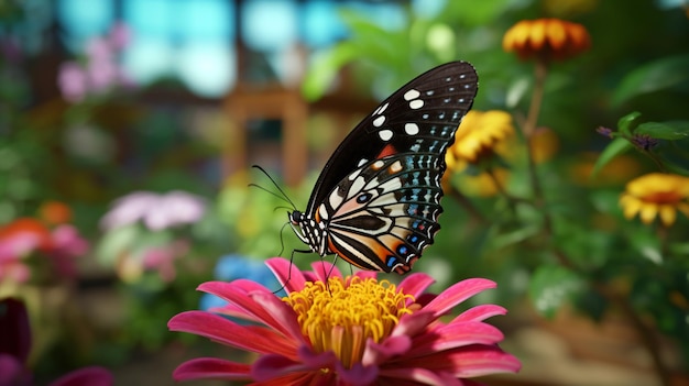 Una farfalla si siede su un fiore nel giardino.