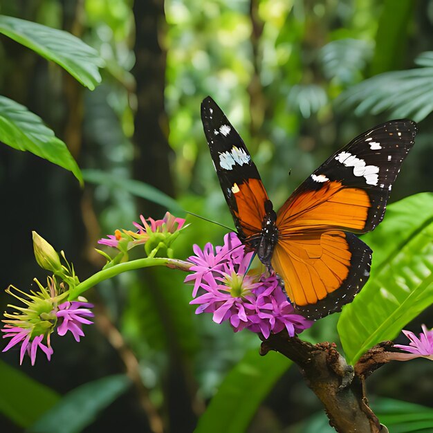 una farfalla si siede su un fiore nella giungla