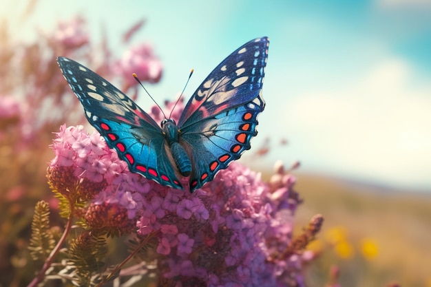 Una farfalla si siede su un fiore rosa con sopra la parola farfalla.