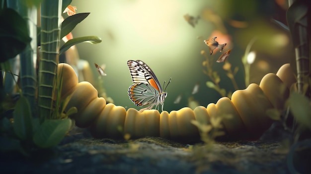 Una farfalla si siede su un grande tubo nel mezzo di una foresta.