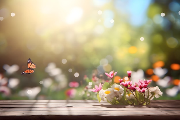Una farfalla si siede su un ponte di legno con fiori sullo sfondo.