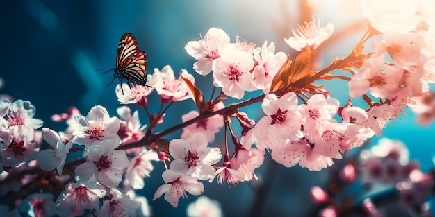 Una farfalla si siede su un ramo di fiori di ciliegio.