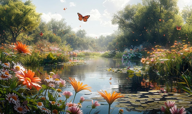 una farfalla sta volando sopra uno stagno con fiori e gigli d'acqua