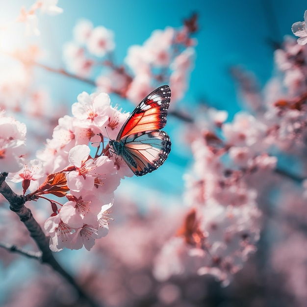 Una farfalla su un albero di fiori di ciliegio con un cielo blu sullo sfondo