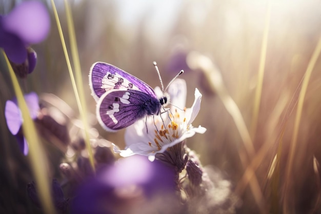 Una farfalla su un fiore alla luce del sole