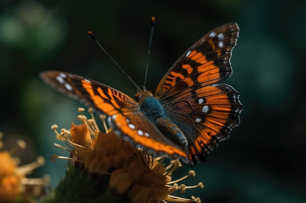 Una farfalla su un fiore con la scritta "blu" in basso.