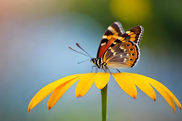 Una farfalla su un fiore con uno sfondo blu