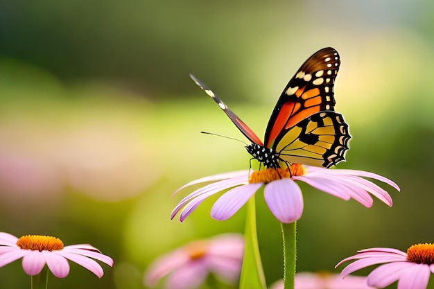 Una farfalla su un fiore con uno sfondo verde