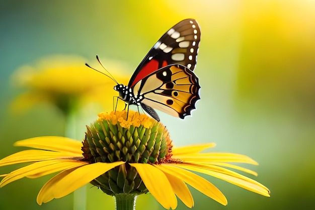 Una farfalla su un fiore con uno sfondo verde
