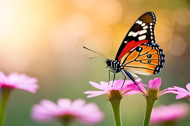 Una farfalla su un fiore rosa