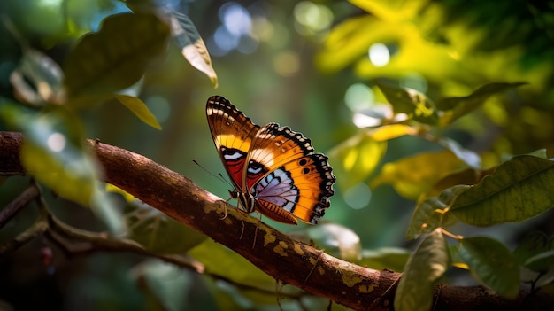 Una farfalla su un ramo nella foresta