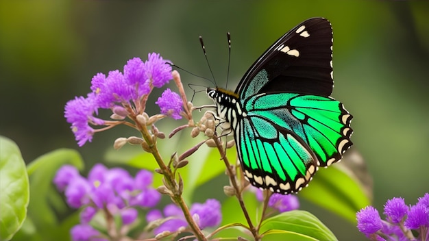 Una farfalla verde con ali nere e verdi si siede su un fiore viola.