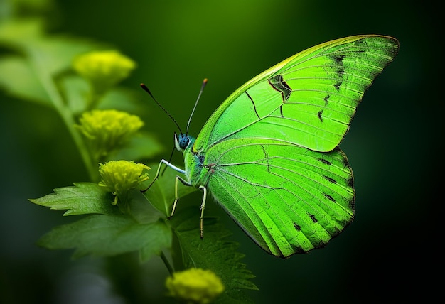 una farfalla verde è seduta su una foglia verde.
