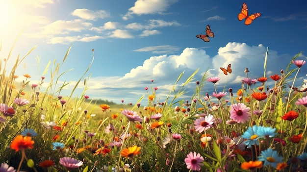 Una farfalla vola in un prato tra i fiori in una giornata di sole