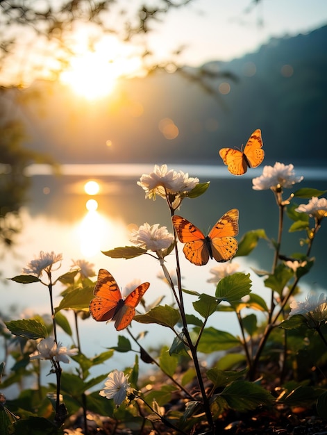 Una farfalla vola in un prato tra i fiori in una giornata di sole