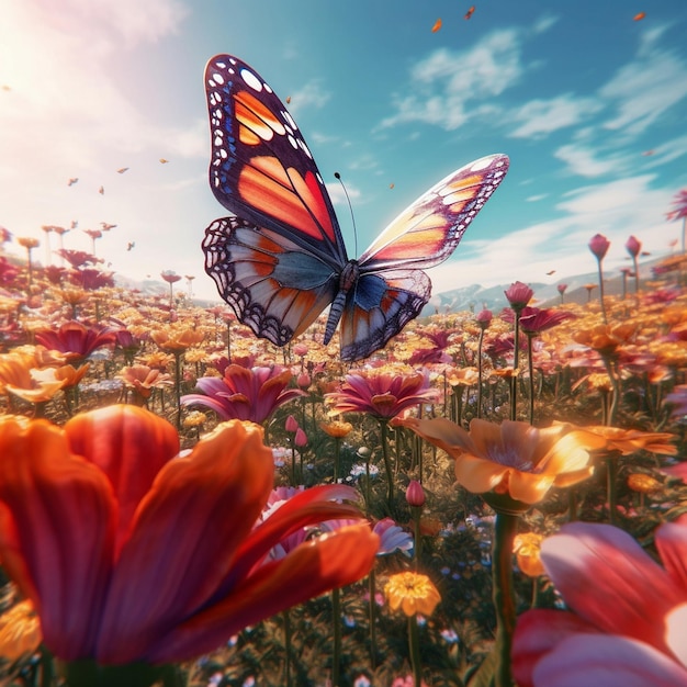 una farfalla vola sopra un campo di fiori.