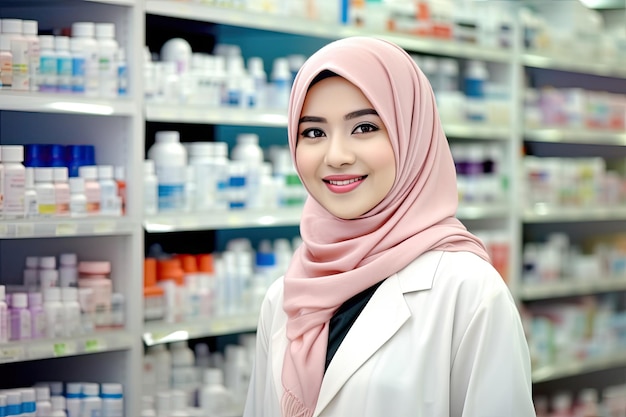 Una farmacista donna in una farmacia che indossa un hijab si trova di fronte a uno scaffale di medicinali