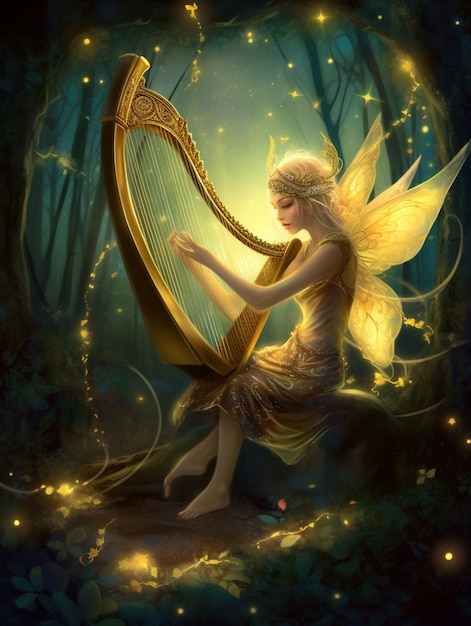Una fata che suona un'arpa nella foresta.