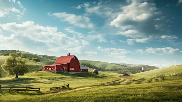 una fattoria con un fienile rosso sulla collina