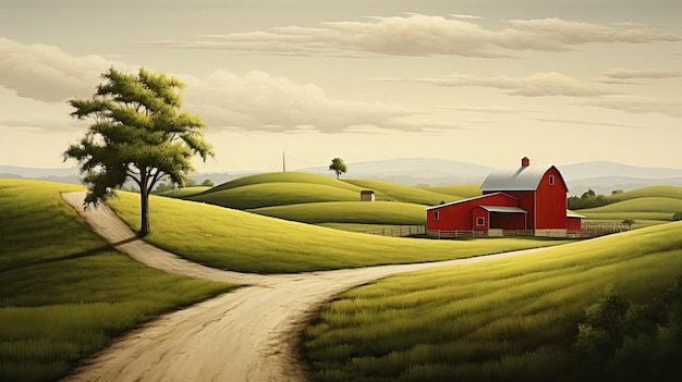 Una fattoria con un fienile rosso sulla collina.