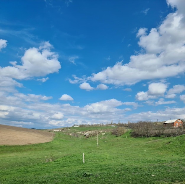 Una fattoria è in lontananza e il cielo è blu e bianco.