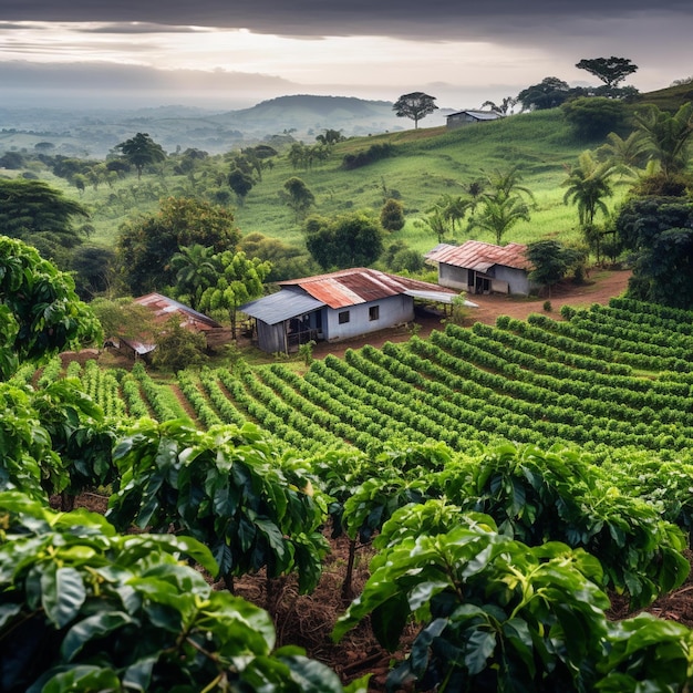 Una fattoria si trova in un campo di chicchi di caffè.