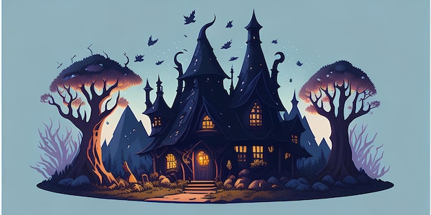 Una favolosa grande casa di legno in una foresta magica motivo di Halloween e fantasia su uno sfondo blu chiaro illustrazione fantasia generazione Ai