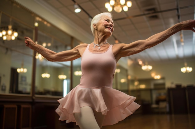 Una felice anziana con un abito da balletto rosa è in uno studio di danza durante una prova