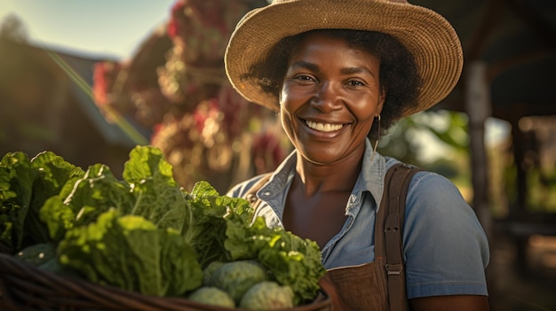 Una felice contadina Afroharvest tiene in mano un cesto con verdure appena raccolte e sorride
