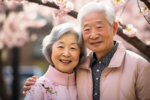 Una felice coppia di anziani asiatici innamorati generata dall'IA