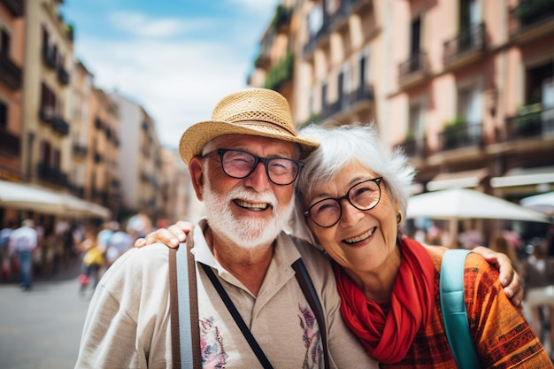 Una felice coppia di anziani in Spagna in viaggio
