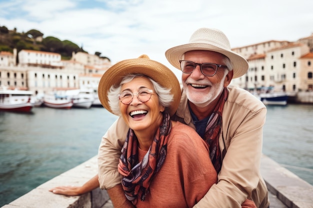 Una felice coppia di anziani in viaggio